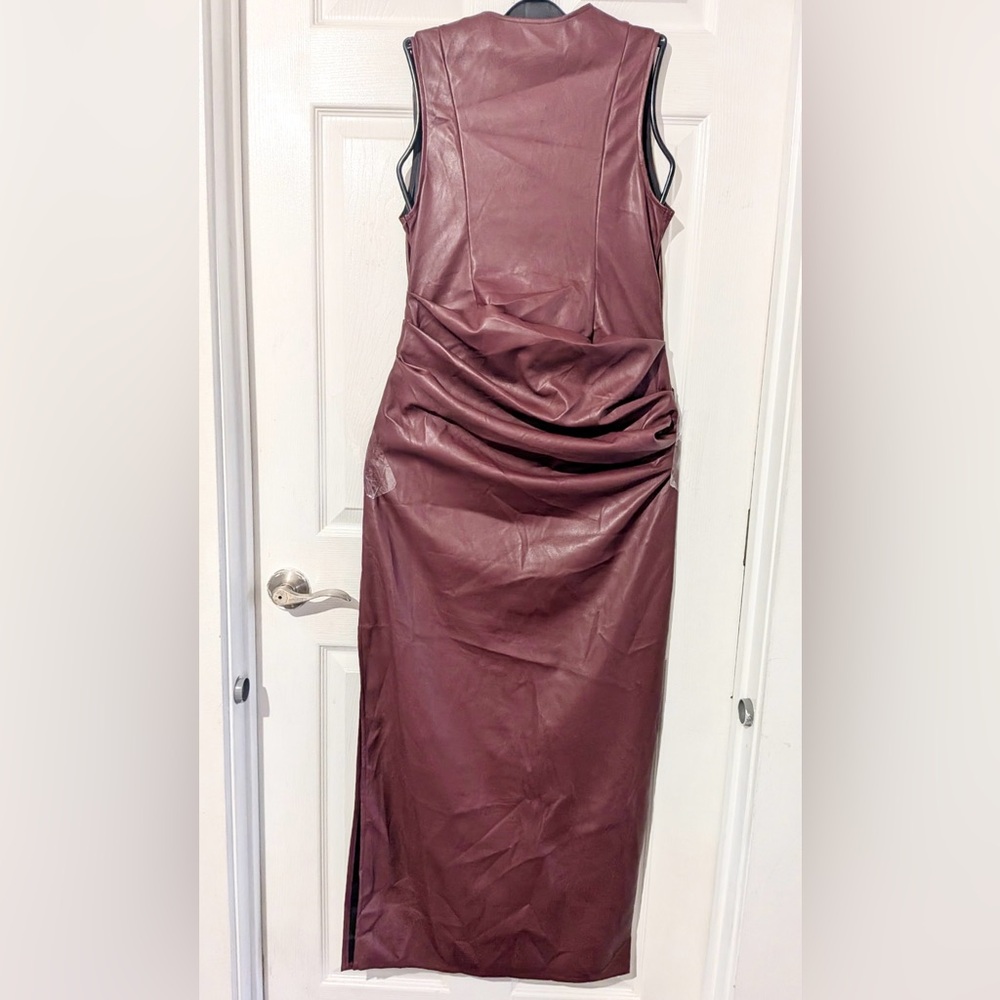 Micas Faux Leather V-neck Ruched Maxi Dress - Picture 10 of 14